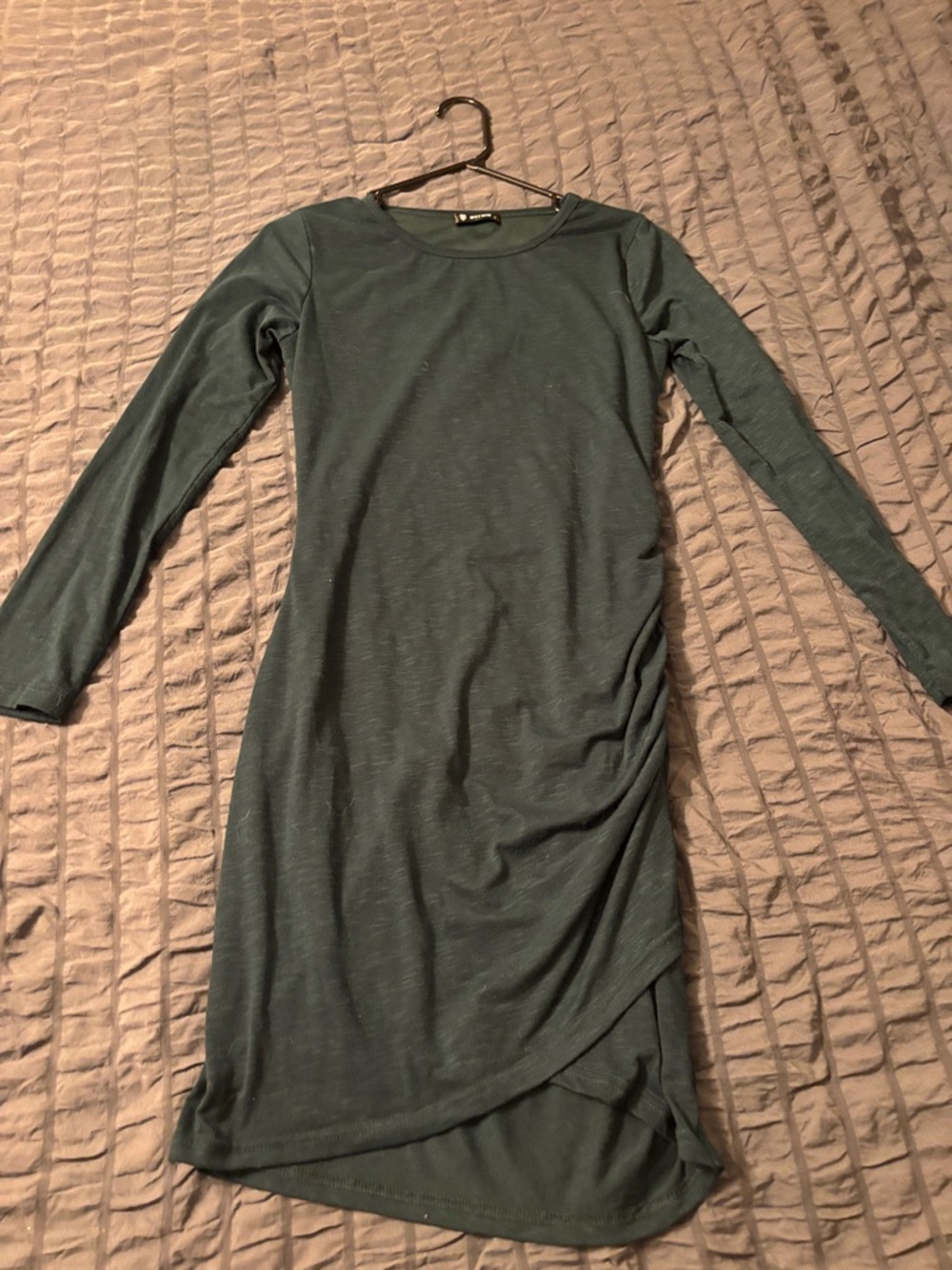 Long-Sleeve Dark Olive Side-Ruched Knit Dress